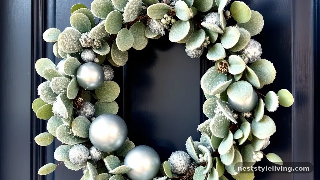 Frosted Eucalyptus and Silver Bauble Ring - 16 Christmas Wreaths to Make Your Door Stand Out