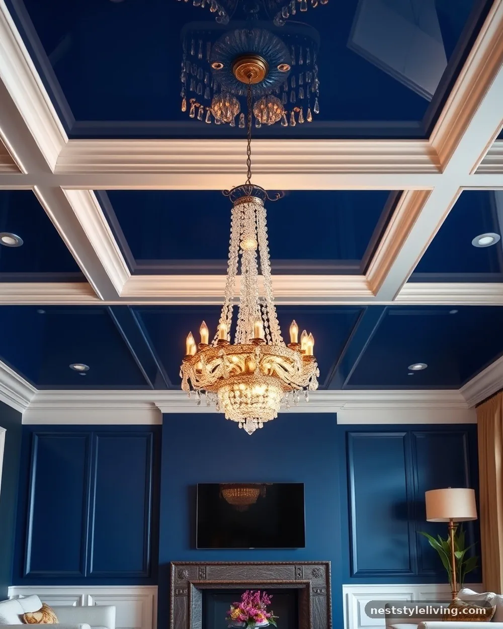 Navy Lacquered Ceiling - 19 Blue Living Room Ideas That Make a Bold Statement