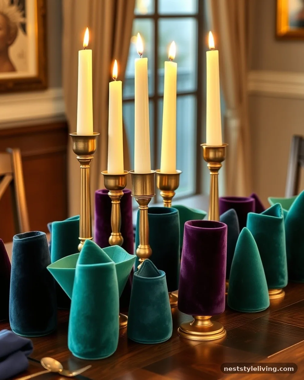 Velvet and Brass Taper Forest - 17 DIY Christmas Centerpieces for a Bougie Holiday