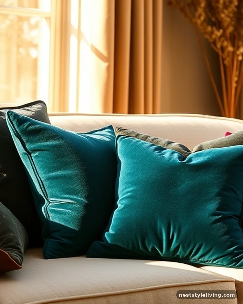 Velvet Throw Pillows in Deep Jewel Tones - 20 Christmas Living Room Ideas for a Cozy Home