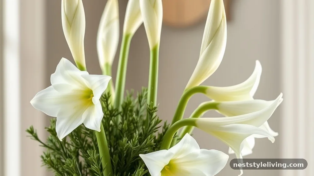White Amaryllis and Cedar Sprigs - 18 Winter Floral Arrangements for a Magical Home
