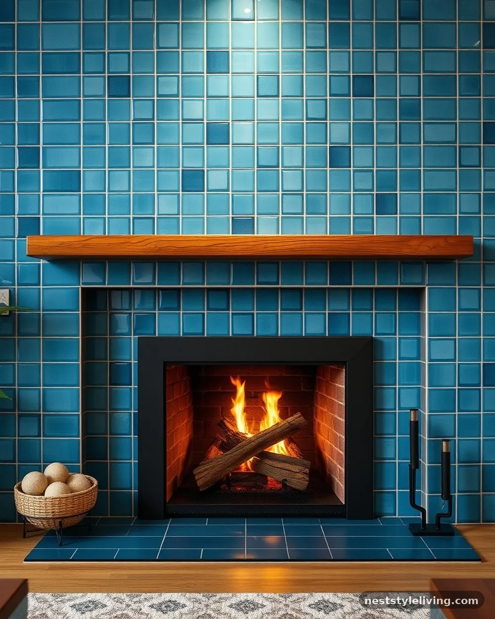 Azure Blue Tiled Fireplace Surround - 19 Blue Living Room Ideas That Make a Bold Statement