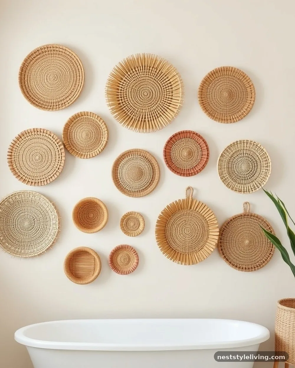 Basketry as Wall Art - 20 Boho Bathroom Ideas for a Soft Relaxed Retreat