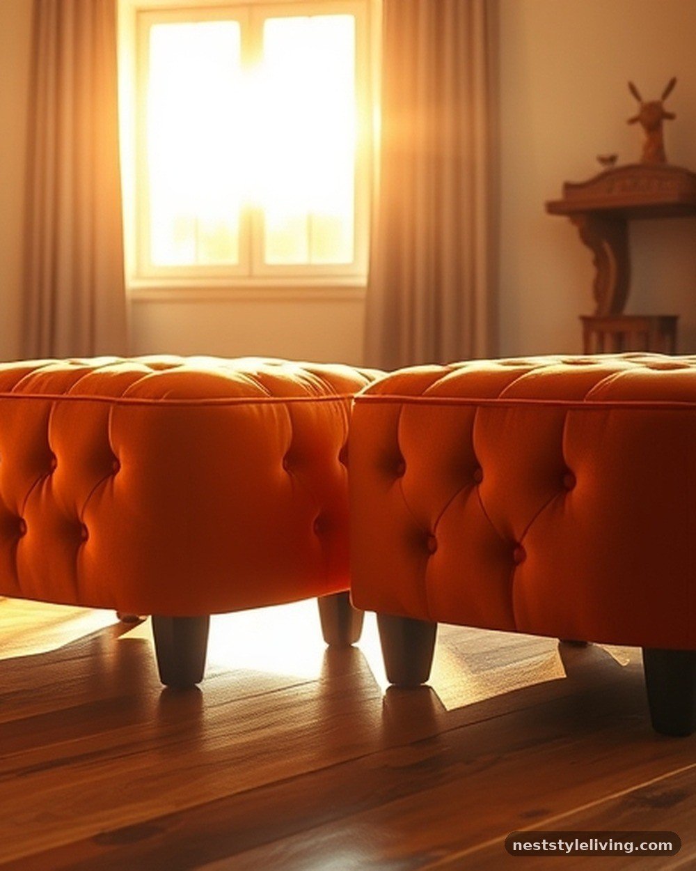 10. Burnt Orange Velvet Ottomans