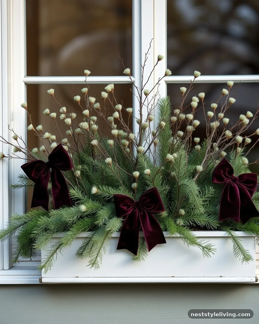 Norfolk Island Pine and Velvet Bows - 19 Winter Window Box Ideas That Add Instant Charm