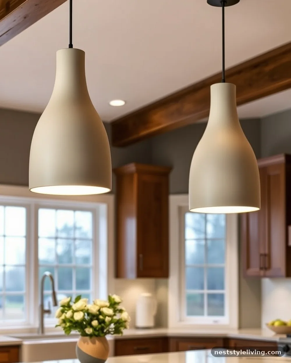 Oversized Ceramic Pendant Lights - 15 Warm Neutral Kitchen Ideas for a Cozy Stylish Look