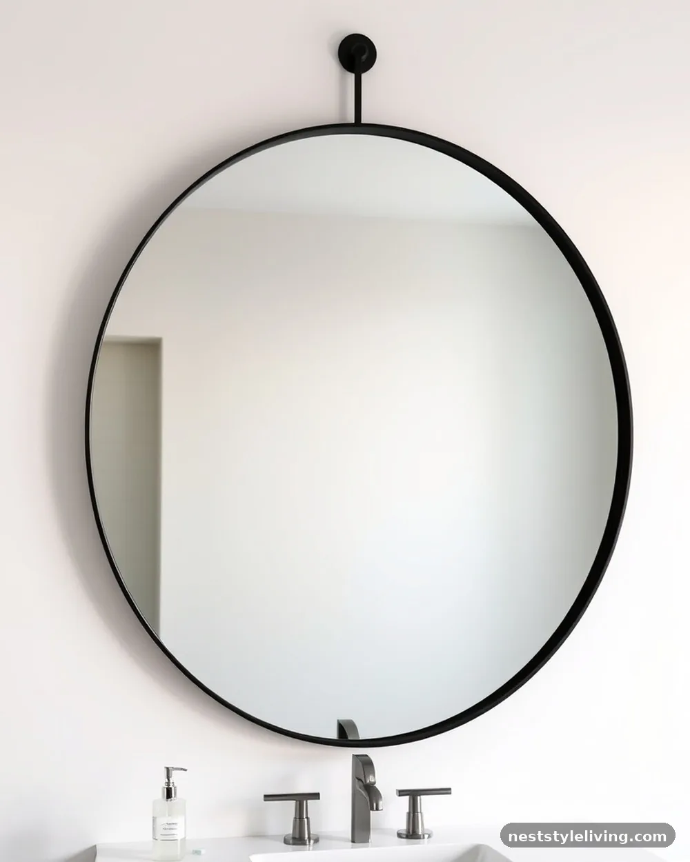 Oversized Round Mirror with Black Frame - 14 Black and White Bathroom Ideas That Look Timeless