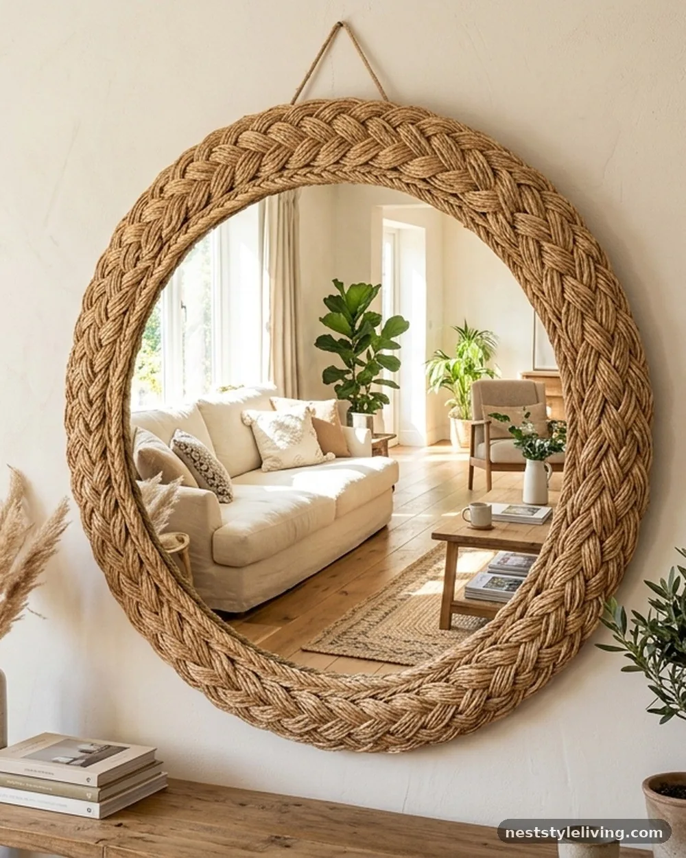 Raffia-Wrapped Mirror Frames - 19 Afro Boho Living Room Ideas Full of Warmth and Style