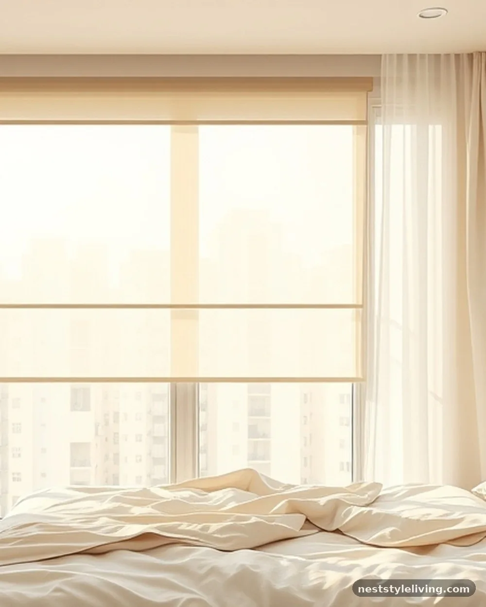 Sheer Layered Window Treatments - 14 Minimalist Bedroom Ideas That Feel Calm and Cozy