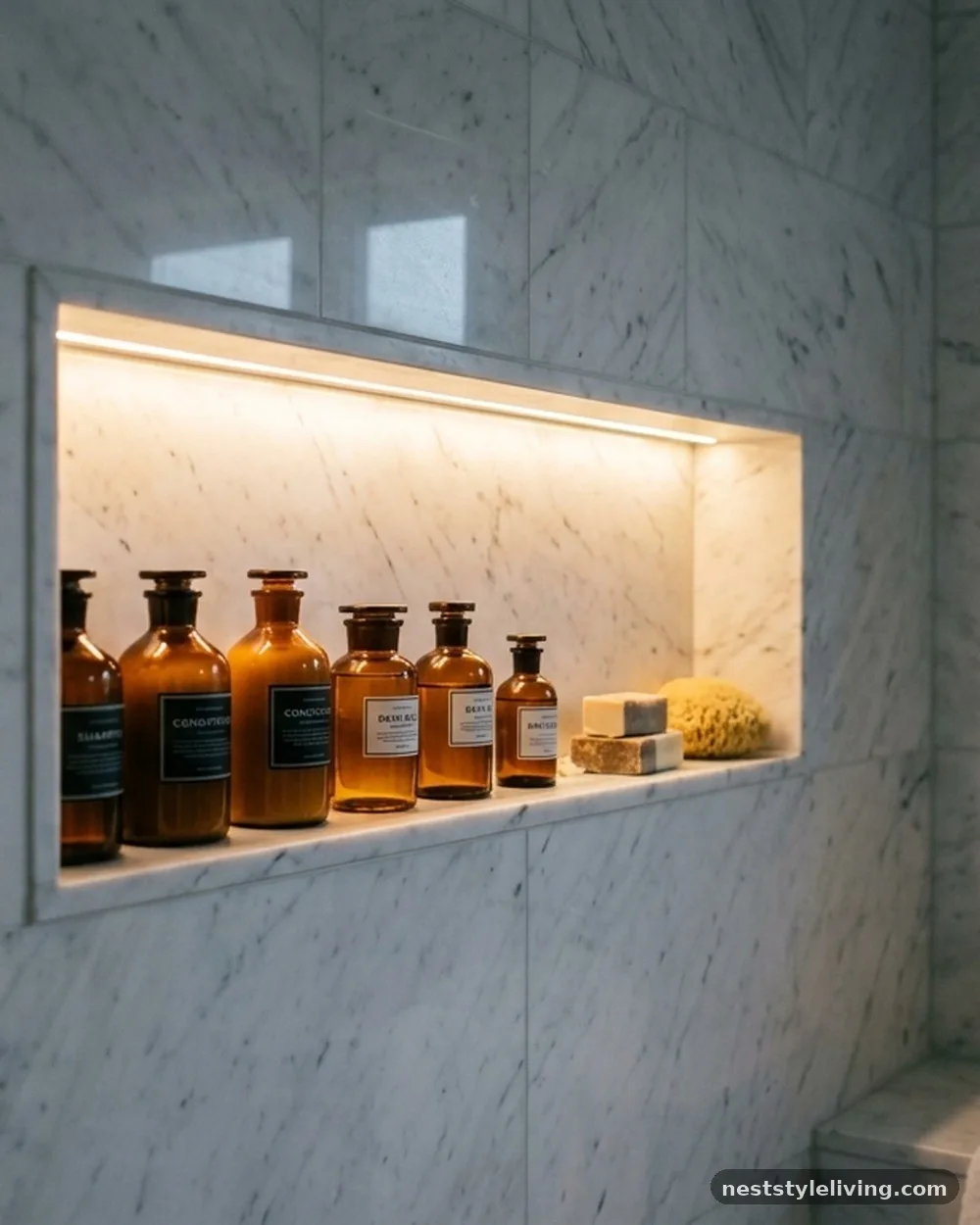 Custom Stone Niche with Accent Lighting - 17 Guest Bathroom Design Ideas That Feel Luxurious at Home