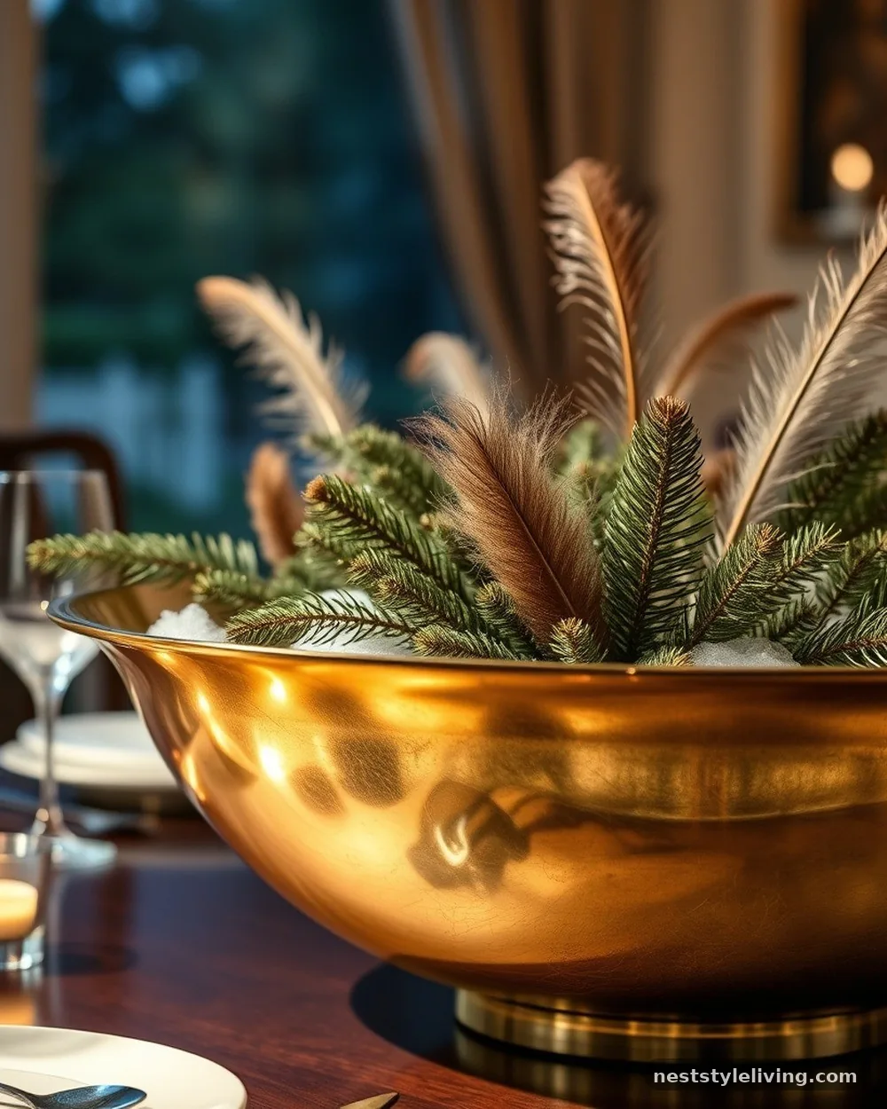 Gold-Dipped Feather and Pine Arrangement - 17 DIY Christmas Centerpieces for a Bougie Holiday