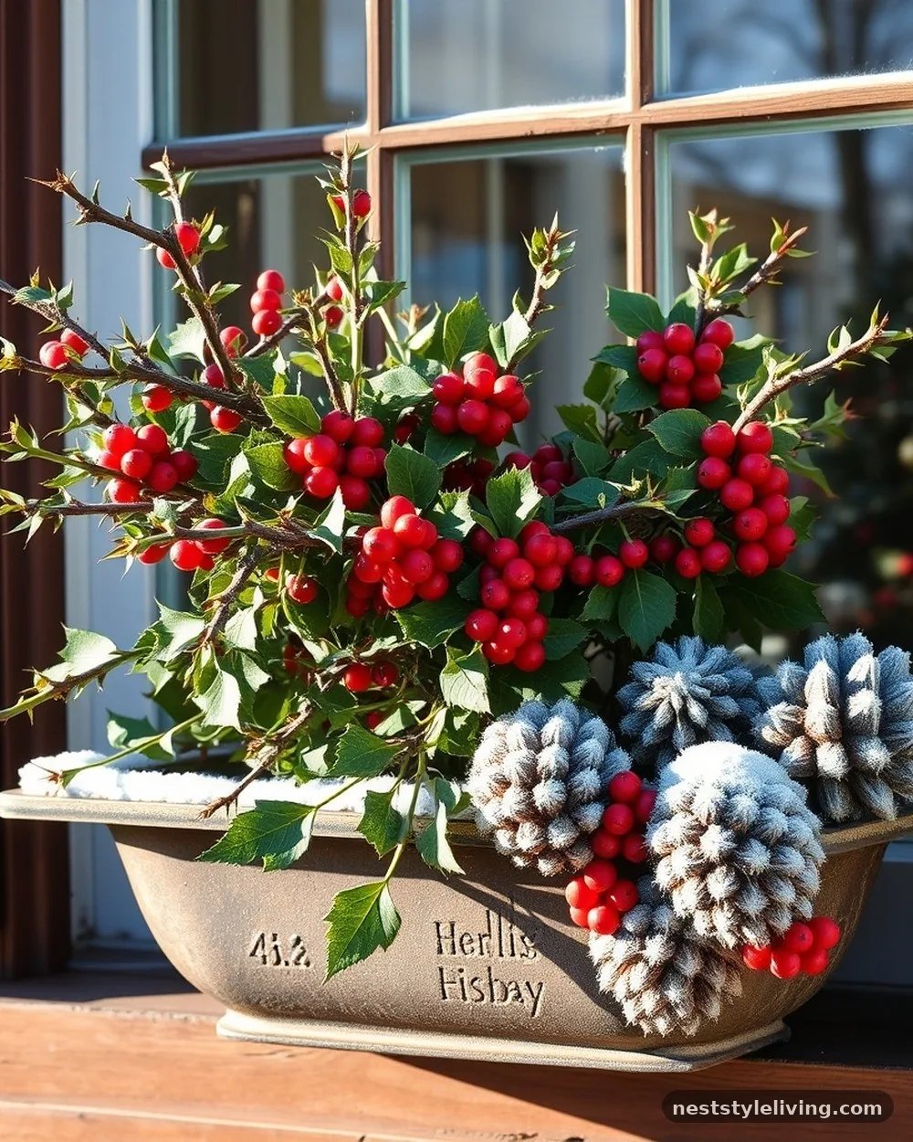 Holly Branches and Pinecone Sprigs - 19 Winter Window Box Ideas That Add Instant Charm