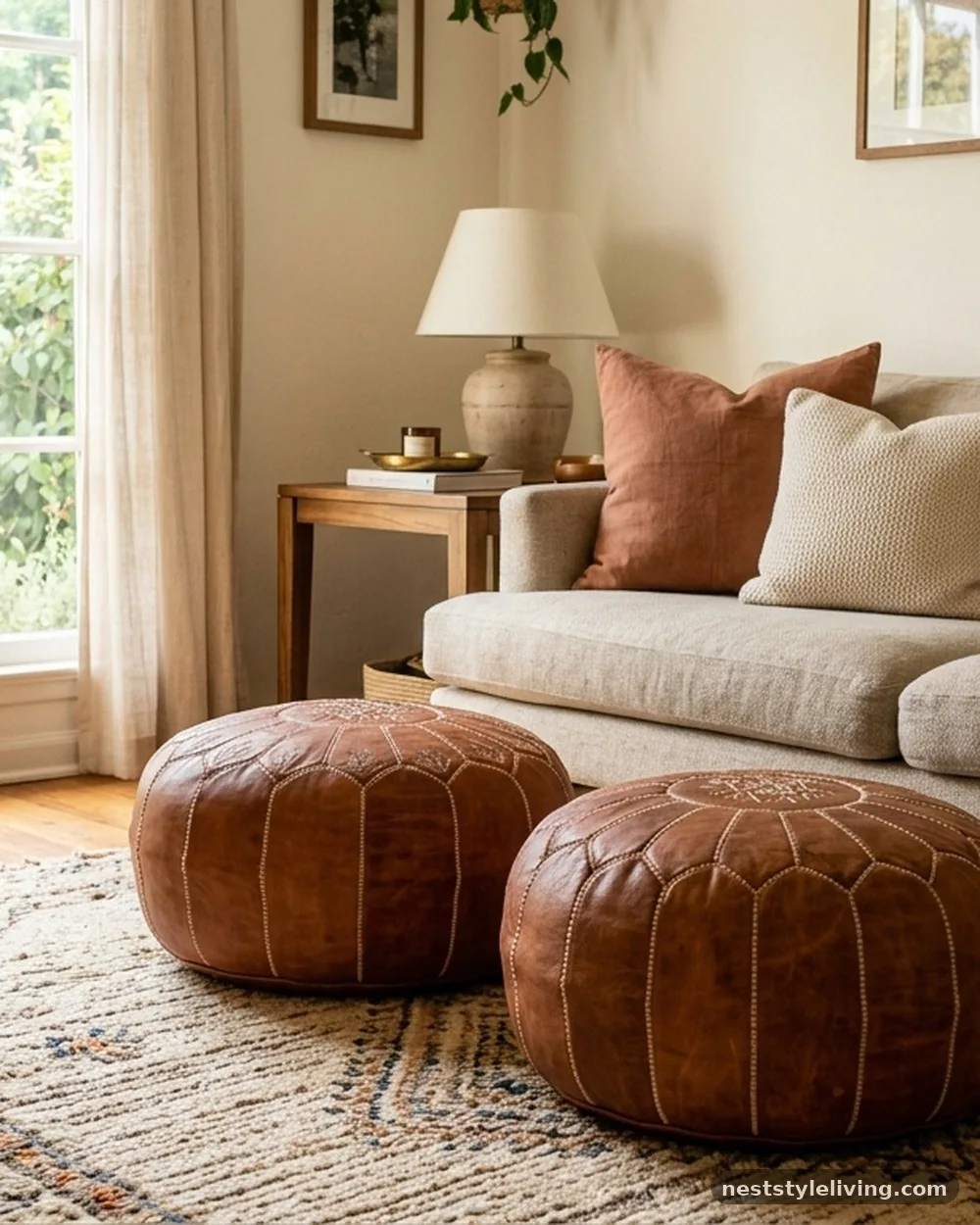 Leather Poufs - 19 Afro Boho Living Room Ideas Full of Warmth and Style