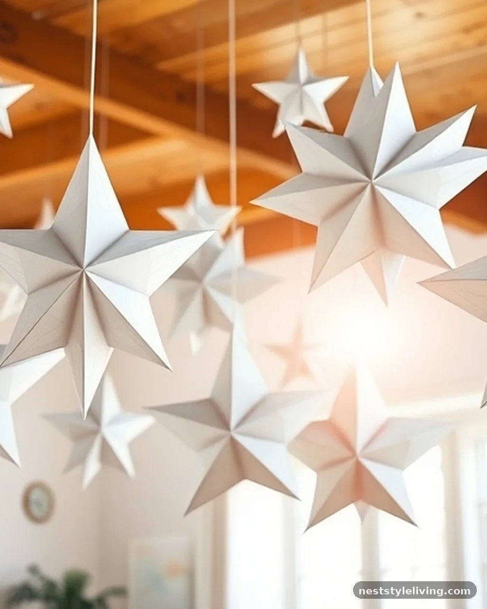 Minimalist Paper Star Ornaments - 20 Christmas Living Room Ideas for a Cozy Home