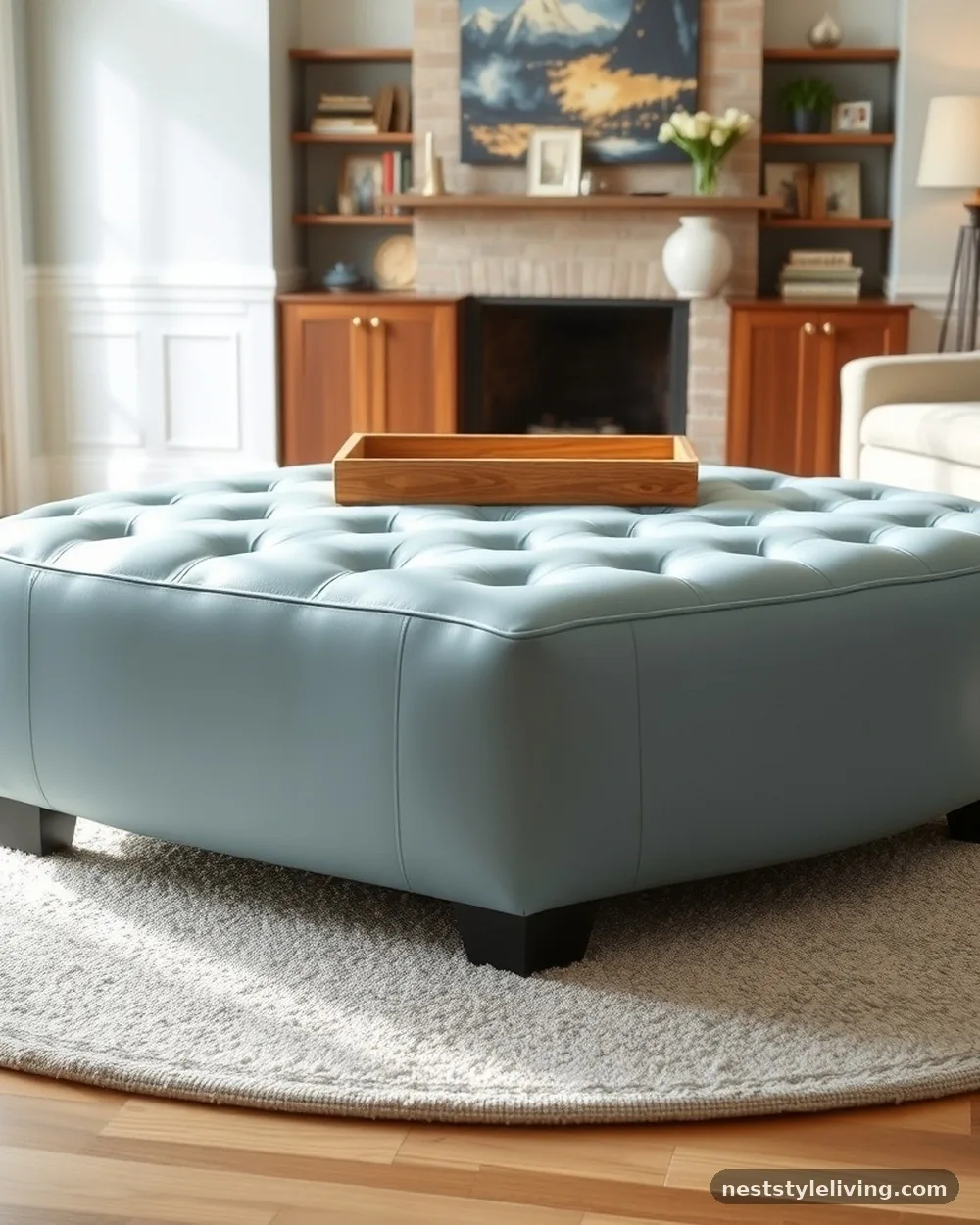 Powder Blue Leather Ottoman - 19 Blue Living Room Ideas That Make a Bold Statement