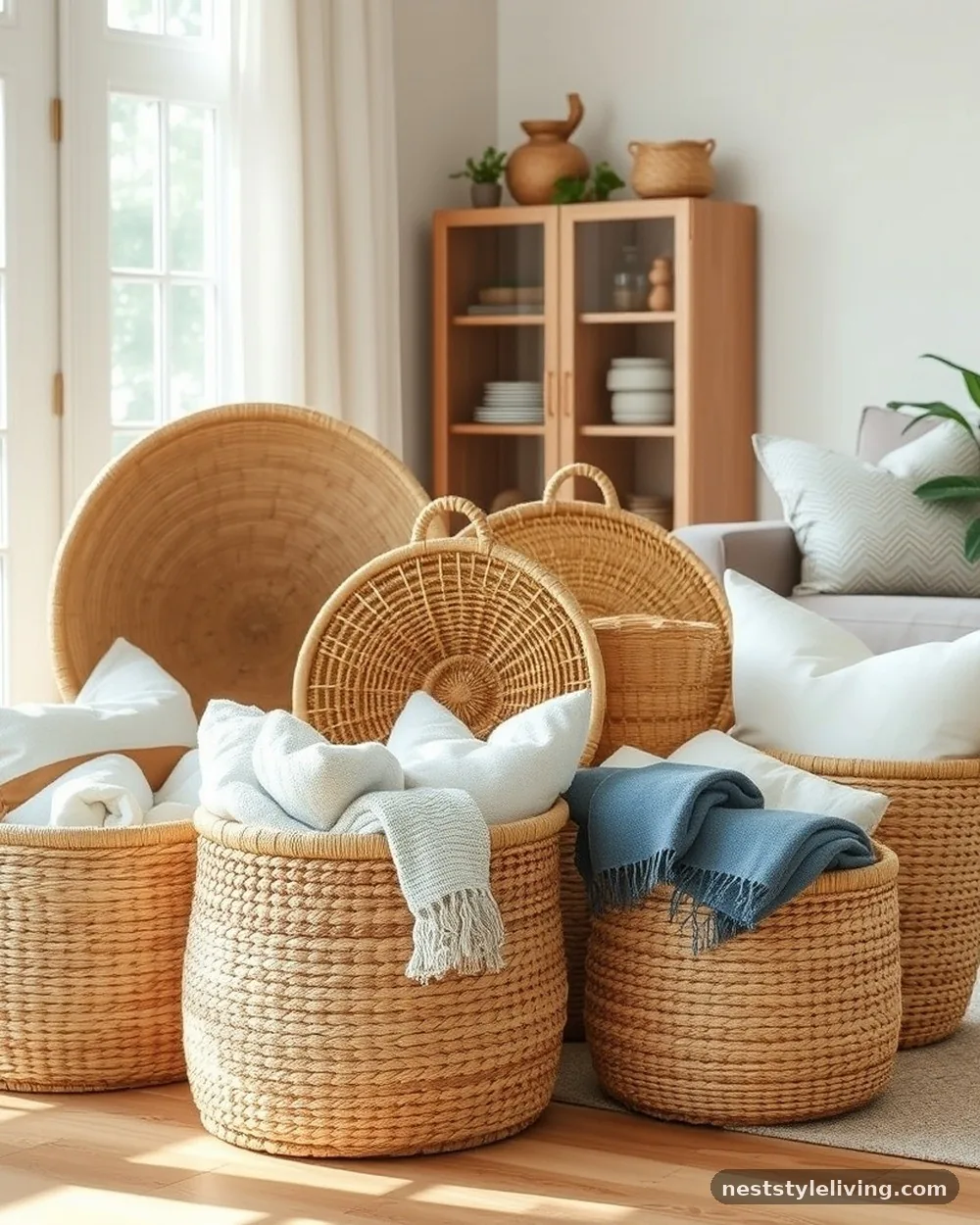 Woven Rattan or Seagrass Baskets - 21 Boho Apartment Ideas for a Cozy Soulful Space