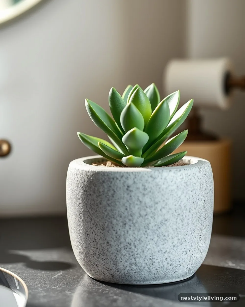 Faux Succulents in Concrete Planters - 18 Bathroom Counter Decor Ideas for an Instant Glow-Up