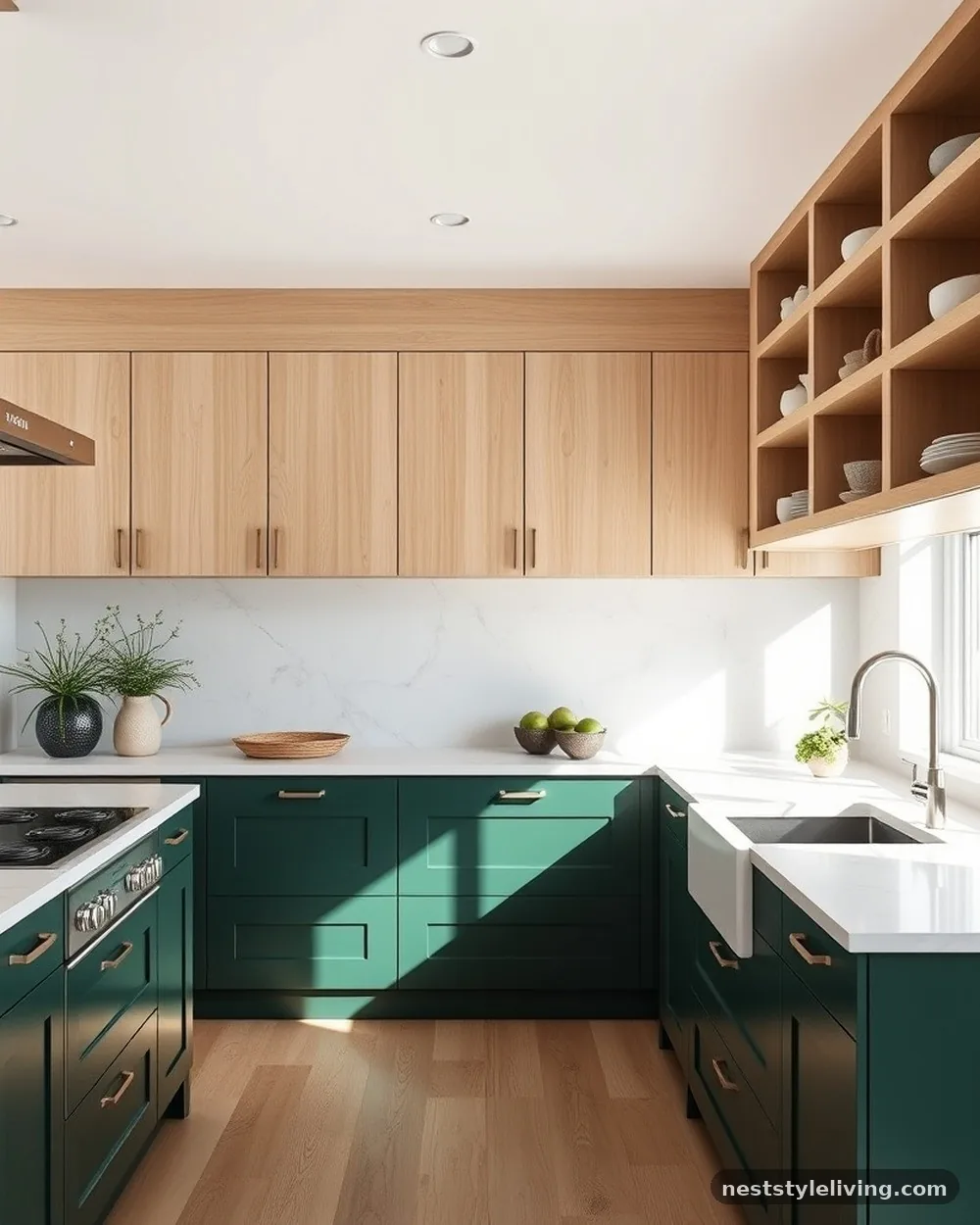 Forest Green and Pale Wood - 22 Two Tone Kitchen Cabinet Ideas to Try at Home