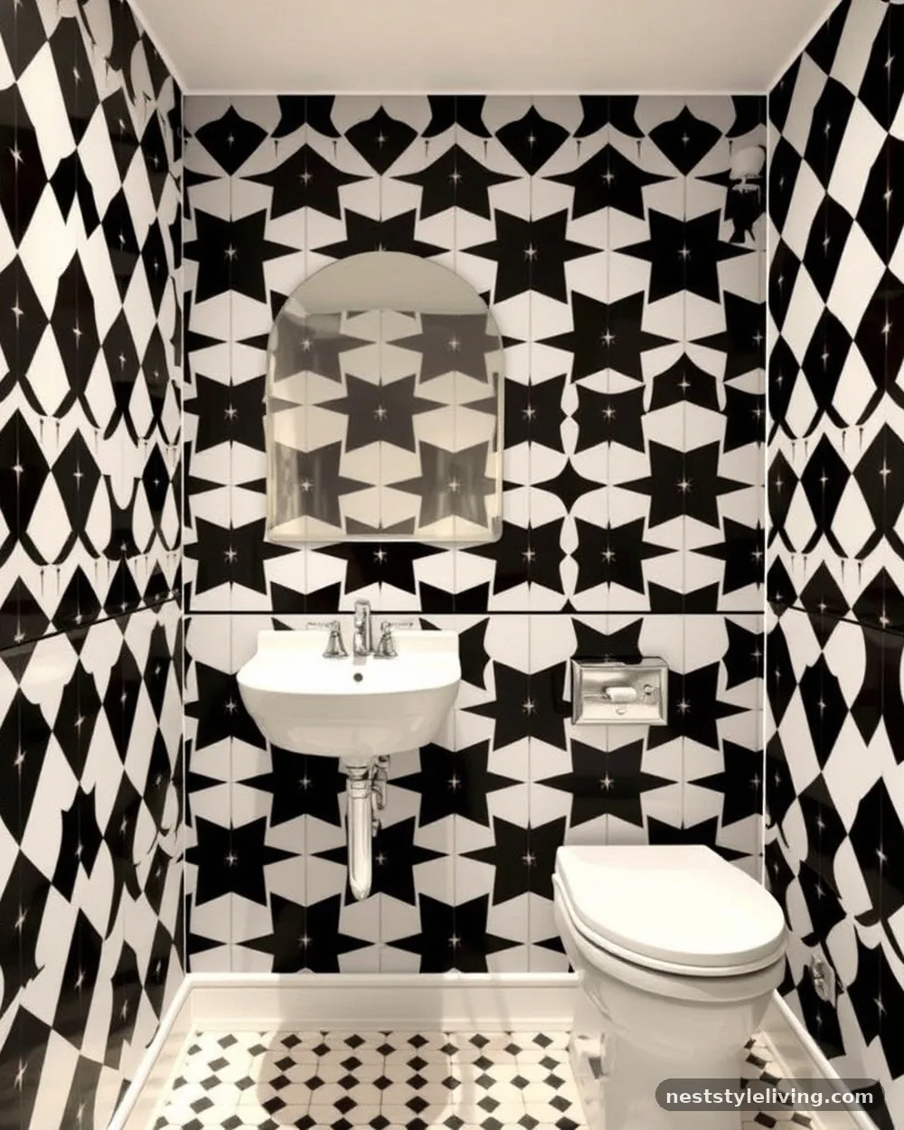 Geometric Black-and-White Wallpaper - 14 Black and White Bathroom Ideas That Look Timeless