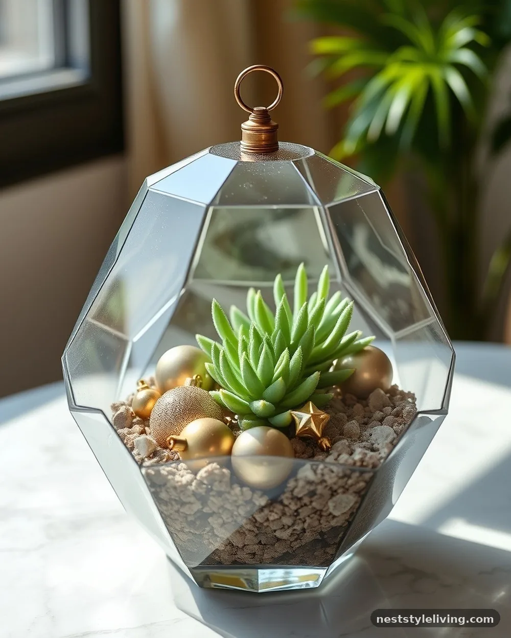 Geometric Terrarium with Succulents and Ornaments - 17 DIY Christmas Centerpieces for a Bougie Holiday