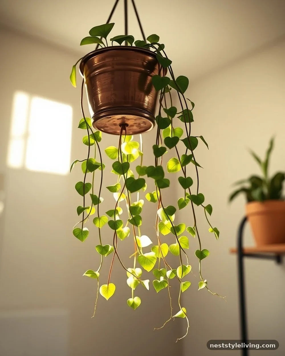 Hanging Pothos in Copper Pots - 22 Green Bathroom Ideas for a Fresh, Serene Space