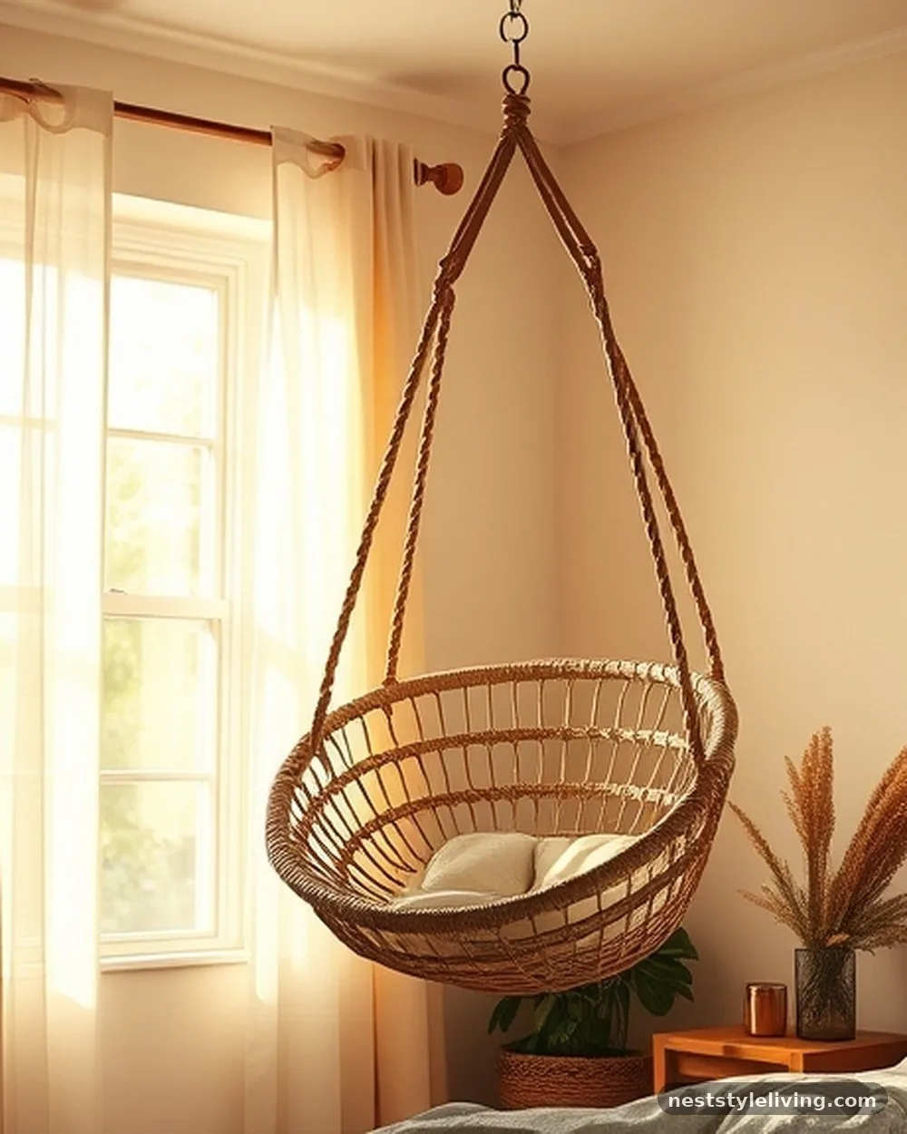 Hanging Rattan Chair - 19 Boho Bedroom Ideas That Feel Warm and Inviting