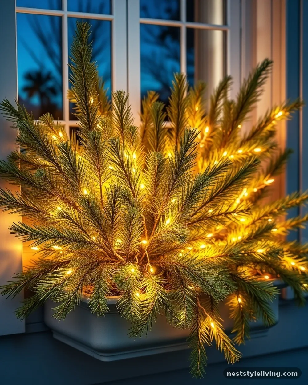 Leyland Cypress and Twinkling LED Lights - 19 Winter Window Box Ideas That Add Instant Charm
