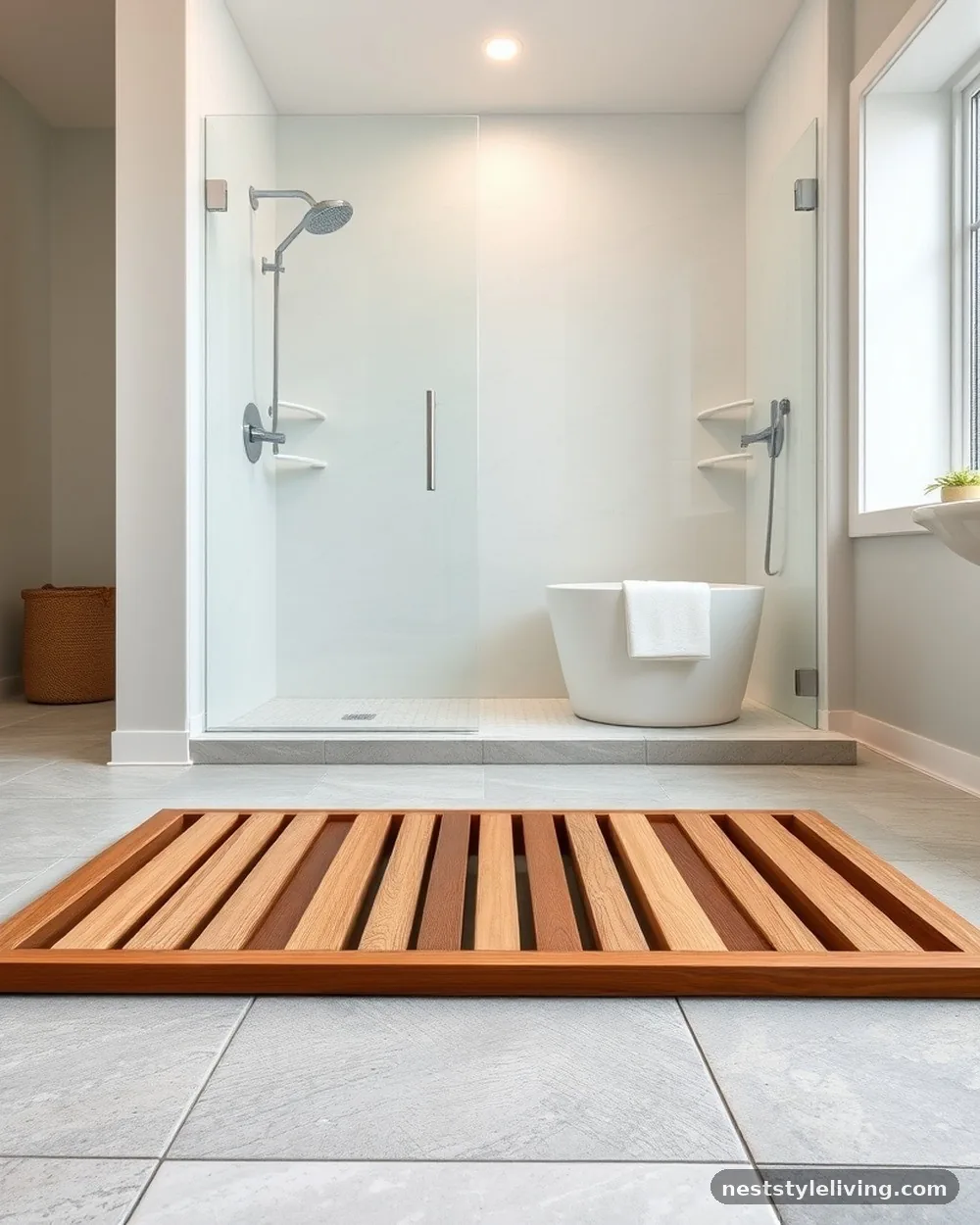 Teak Wood Bath Mat - 20 Boho Bathroom Ideas for a Soft Relaxed Retreat