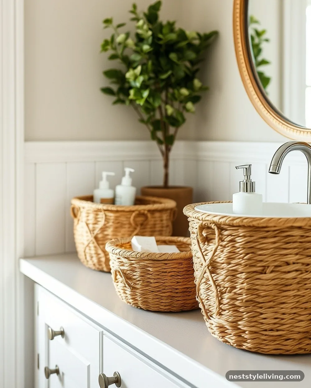 Woven Seagrass Baskets - 20 Modern Farmhouse Bathroom Ideas to Copy Now