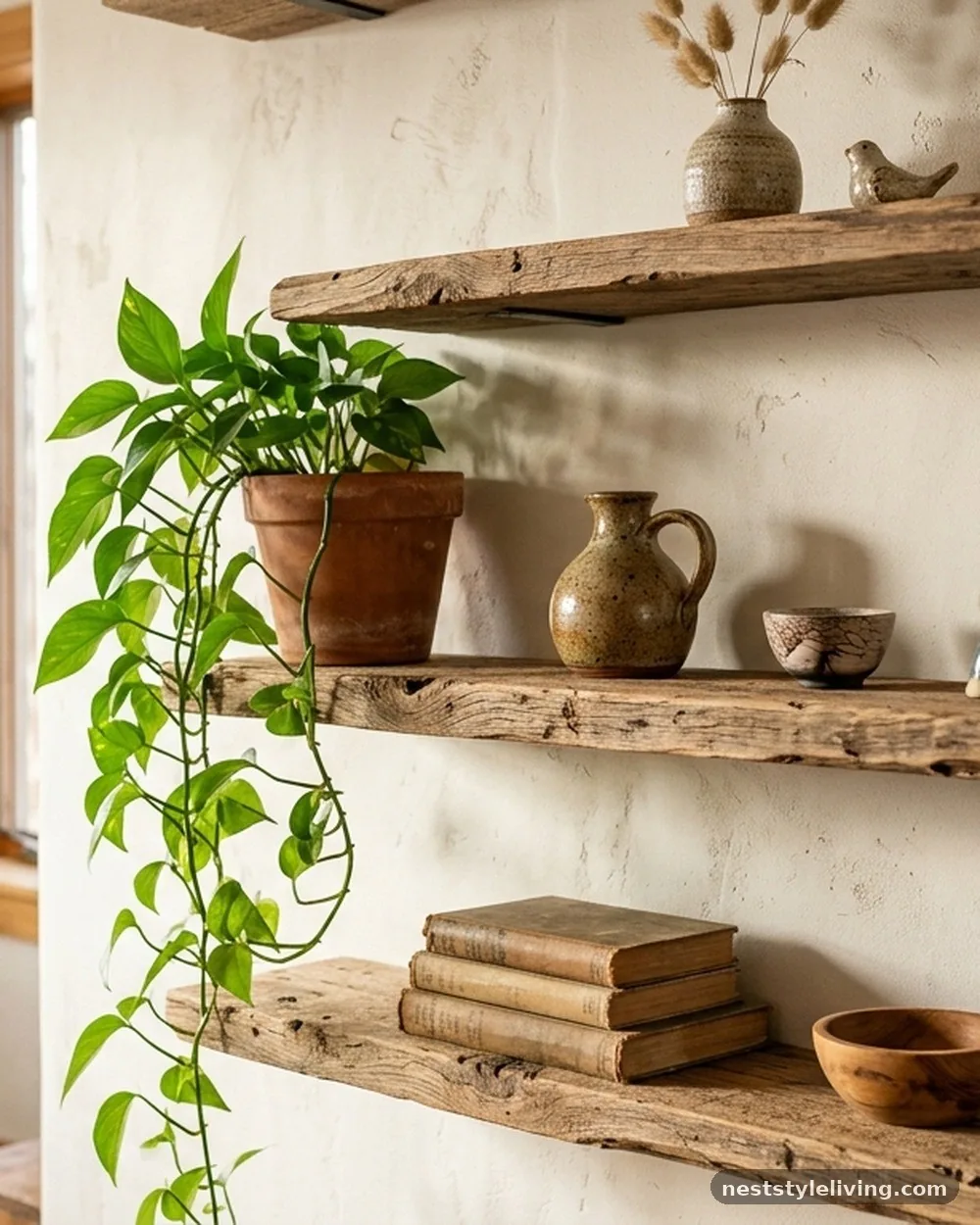 Floating Wooden Shelves - 19 Afro Boho Living Room Ideas Full of Warmth and Style
