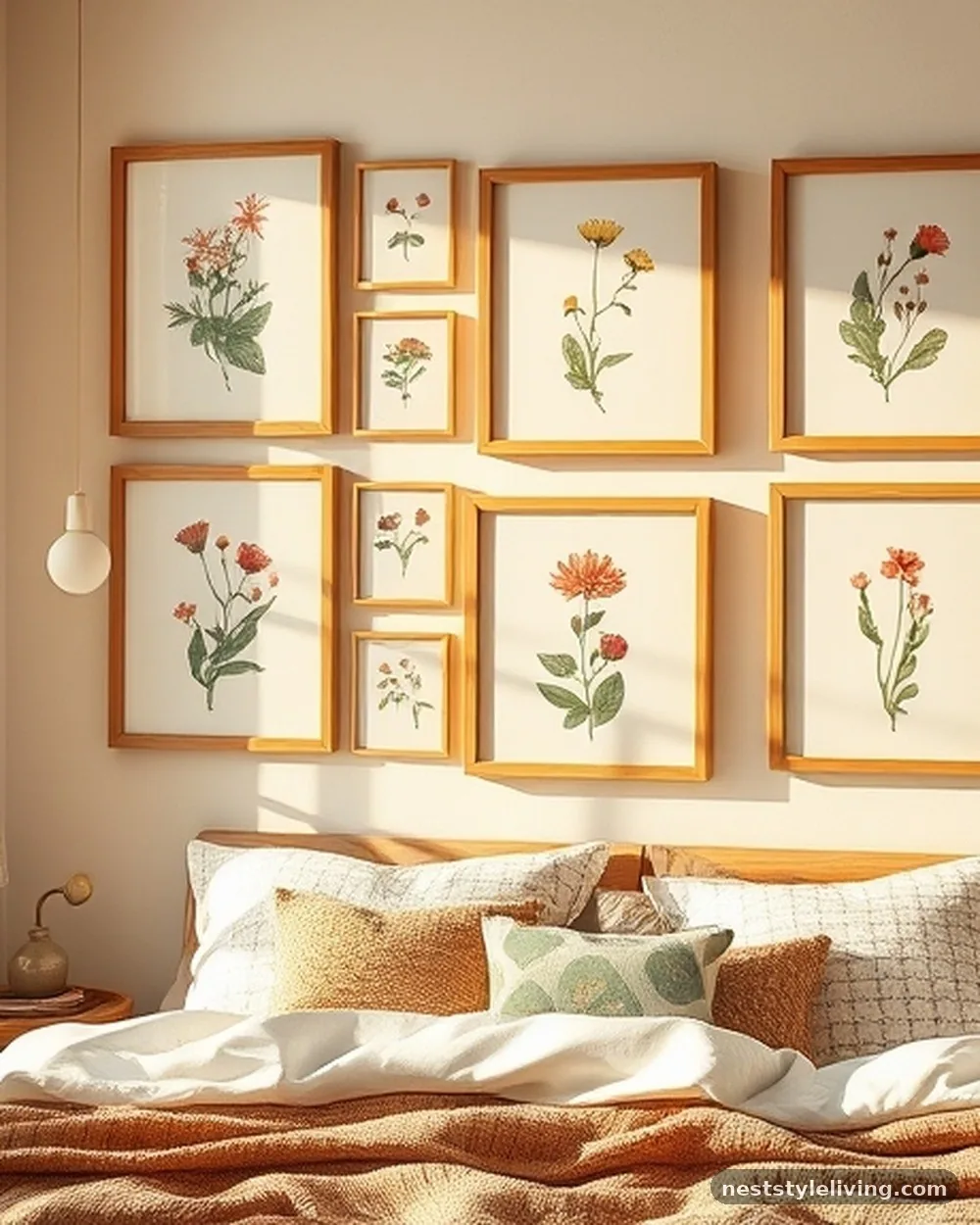 Gallery Wall of Natural Art - 19 Boho Bedroom Ideas That Feel Warm and Inviting