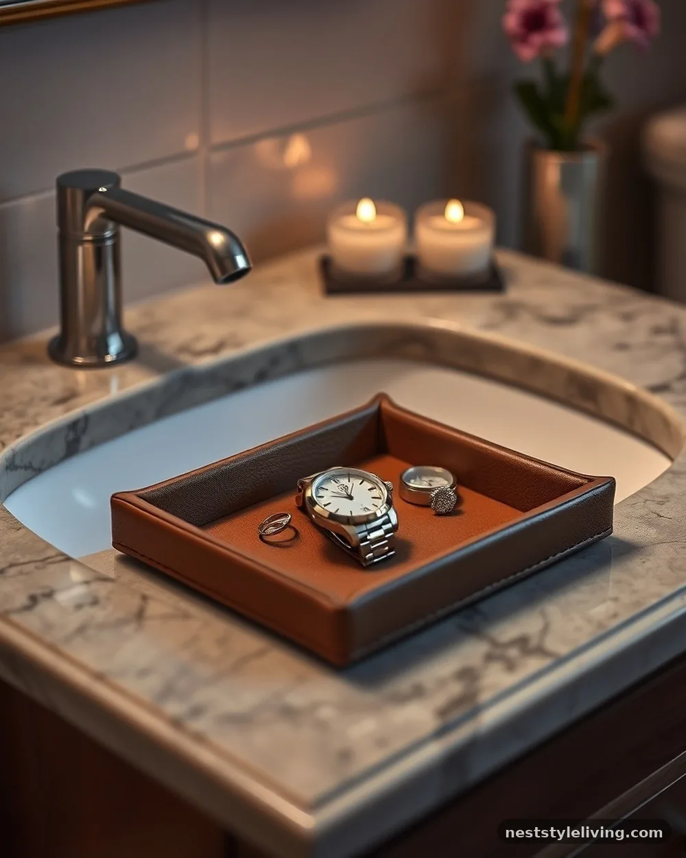 Leather-Wrapped Storage Trays - 18 Bathroom Counter Decor Ideas for an Instant Glow-Up