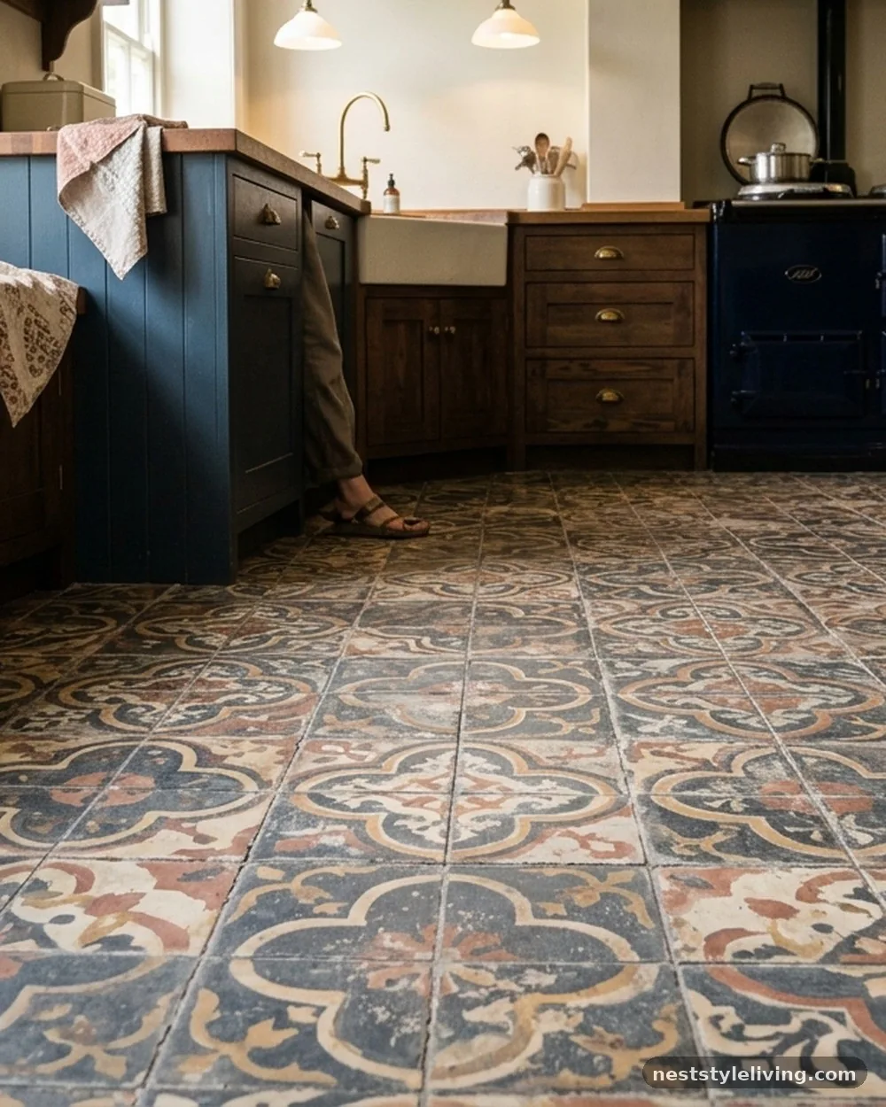 Patterned Cement Floor Tiles - 16 Boho Kitchen Ideas That Feel Collected and Beautiful