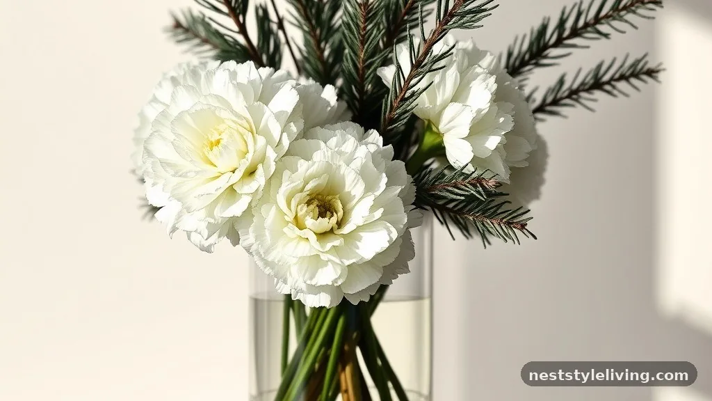 Pine Branches and White Carnations - 18 Winter Floral Arrangements for a Magical Home