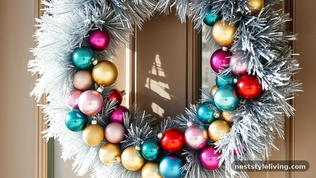 Silver Tinsel and Ornament Cluster - 16 Christmas Wreaths to Make Your Door Stand Out