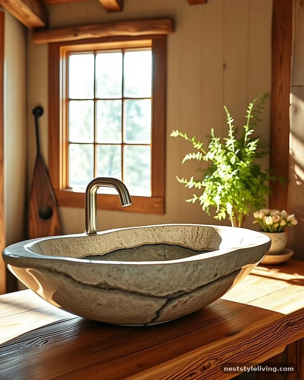 Stone Vessel Sink - 20 Boho Bathroom Ideas for a Soft Relaxed Retreat