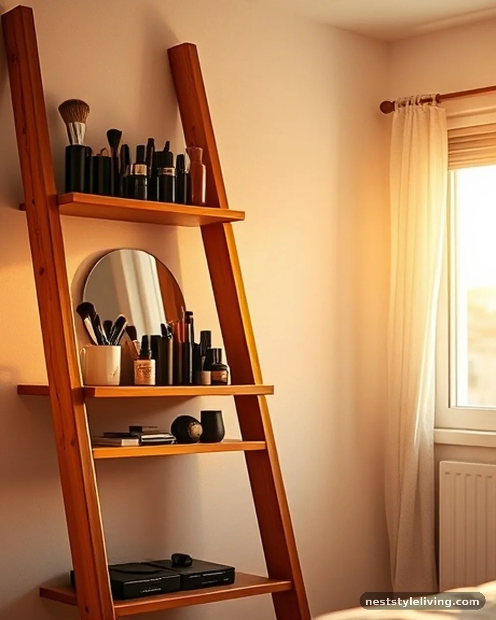 The Ladder Shelf Vanity - 18 Small Bedroom Vanity Ideas That Maximize Space