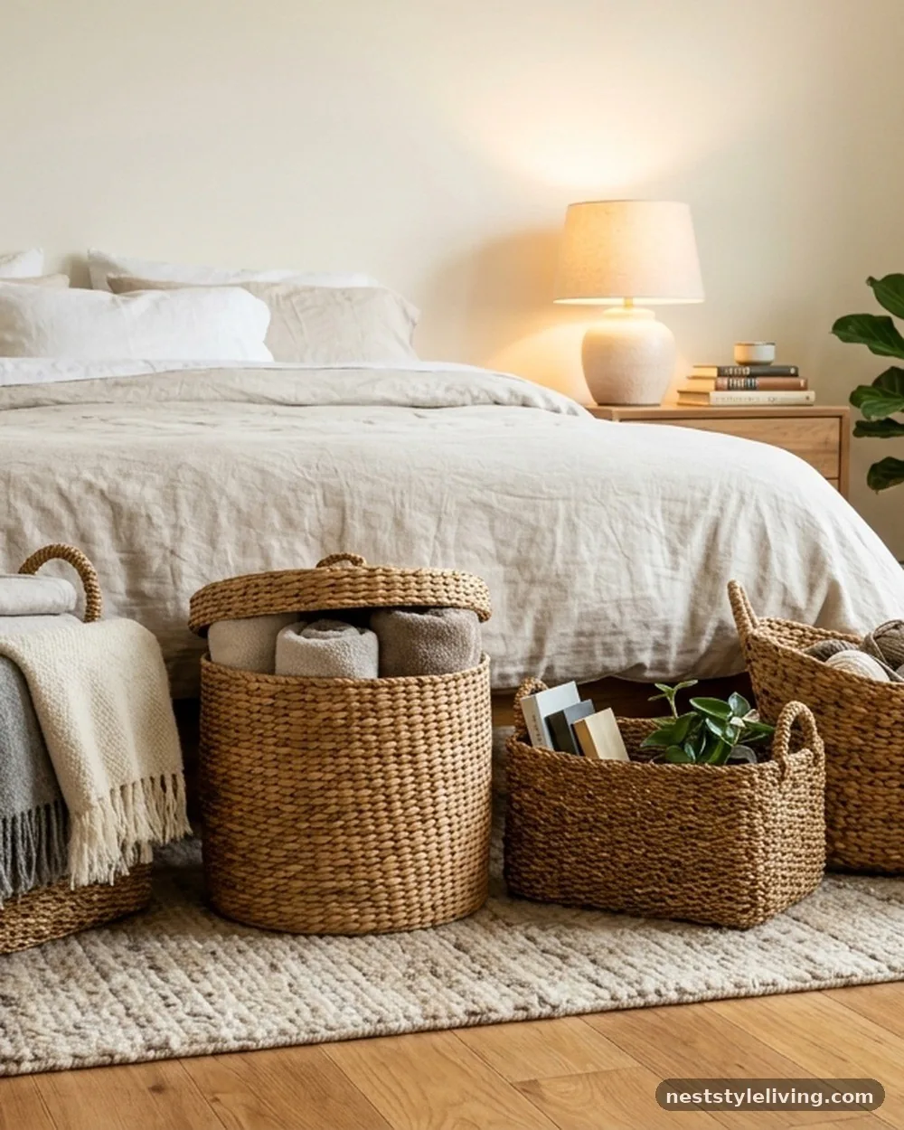 Woven Seagrass Storage Baskets - 18 Earthy Boho Bedroom Ideas for a Calm Cozy Retreat