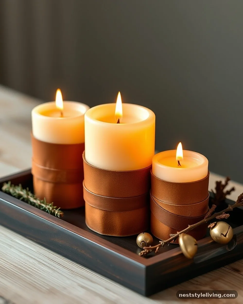 Leather-Wrapped Candle Pillars - 17 DIY Christmas Centerpieces for a Bougie Holiday