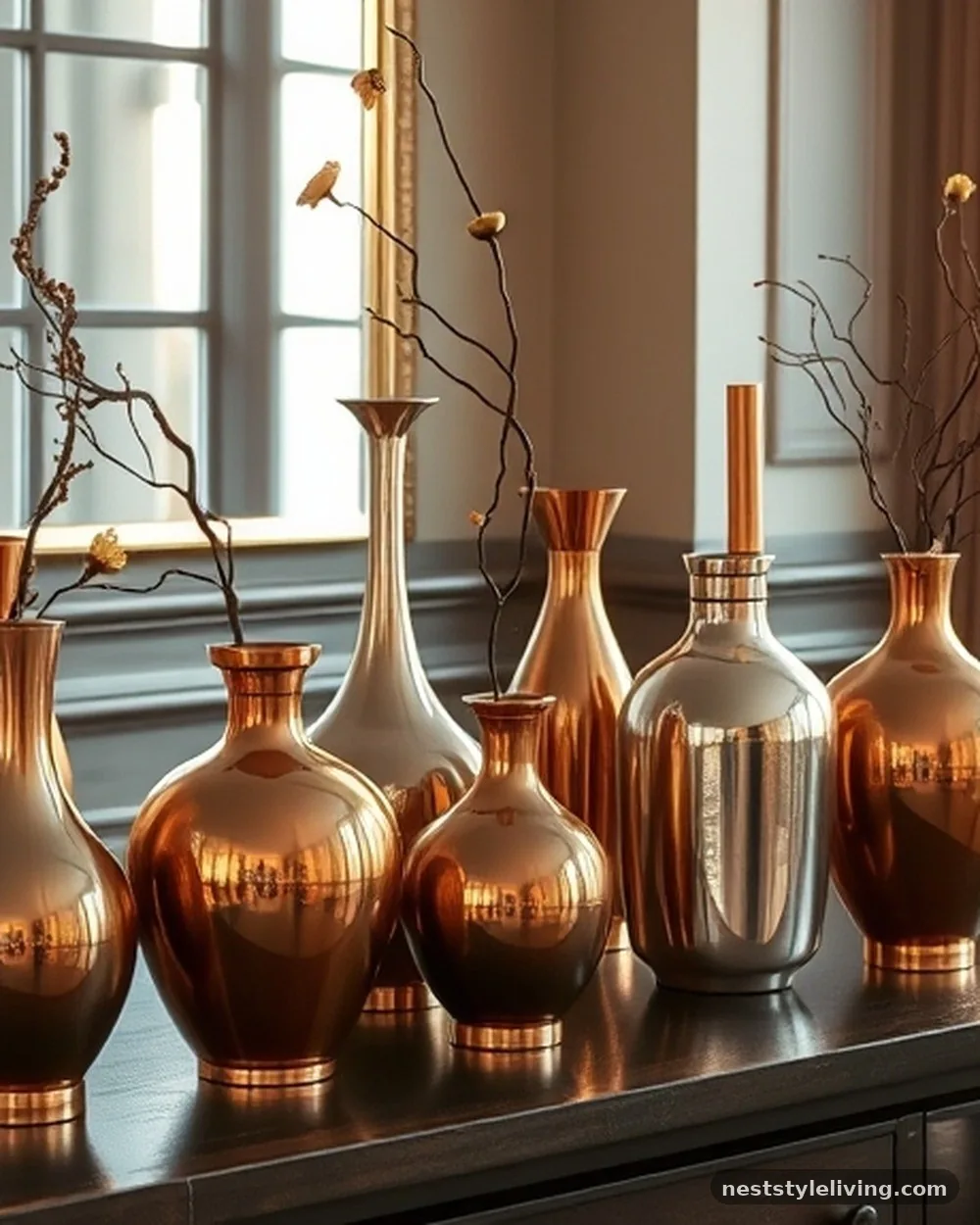Mismatched Metallic Vases - 20 Christmas Living Room Ideas for a Cozy Home