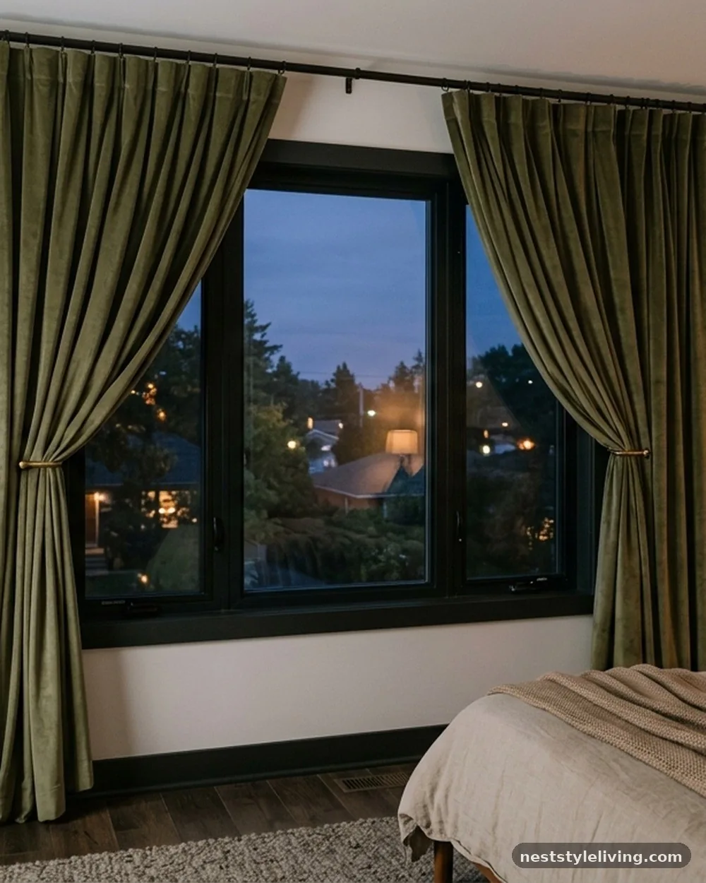Muted Olive Green Velvet Curtains - 18 Earthy Boho Bedroom Ideas for a Calm Cozy Retreat