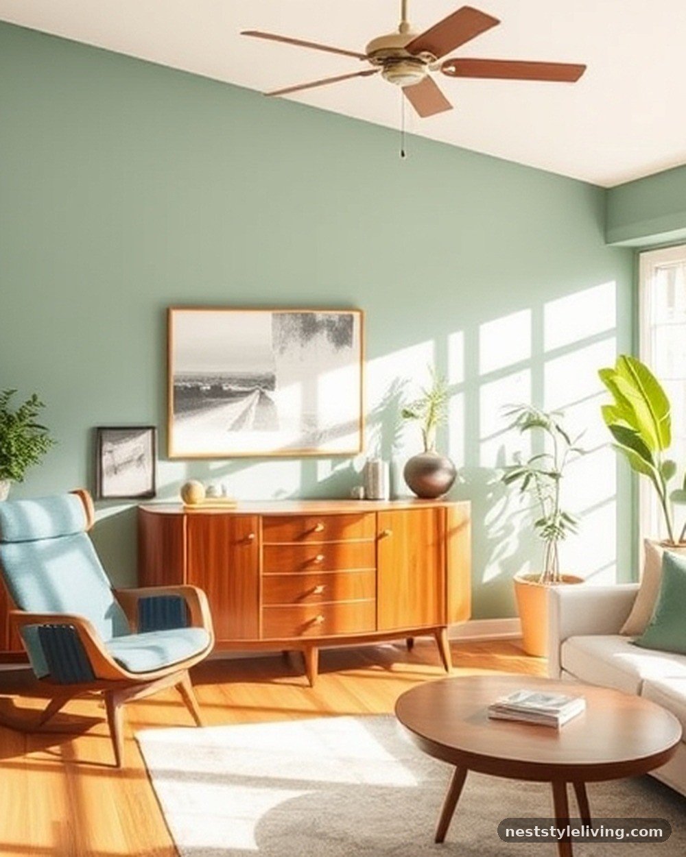 14. Muted Teal and Warm Wood