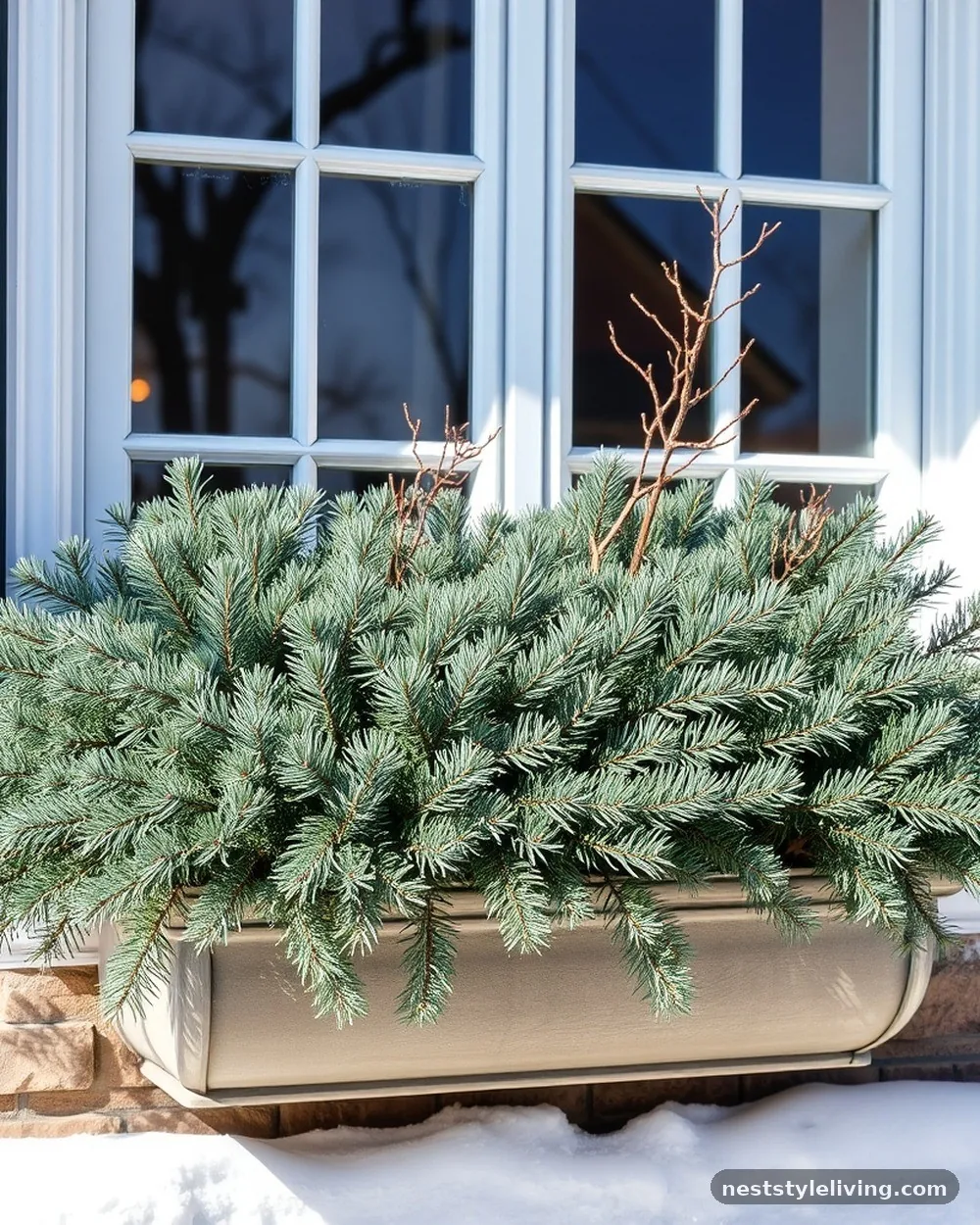 Scotch Pine and Painted Branches - 19 Winter Window Box Ideas That Add Instant Charm