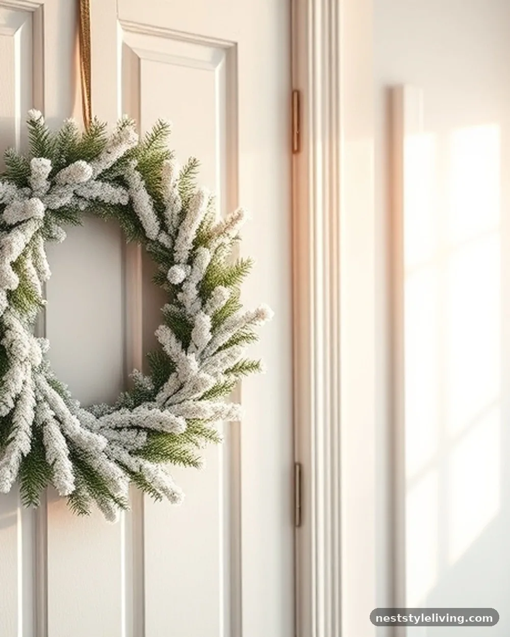 Snow-Dusted Wreath on the Bedroom Door - 17 Christmas Bedroom Decor Ideas for a Cozy Holiday