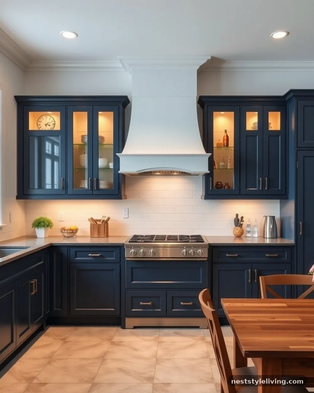 Two-Tone Shaker with Glass Inserts - 22 Two Tone Kitchen Cabinet Ideas to Try at Home