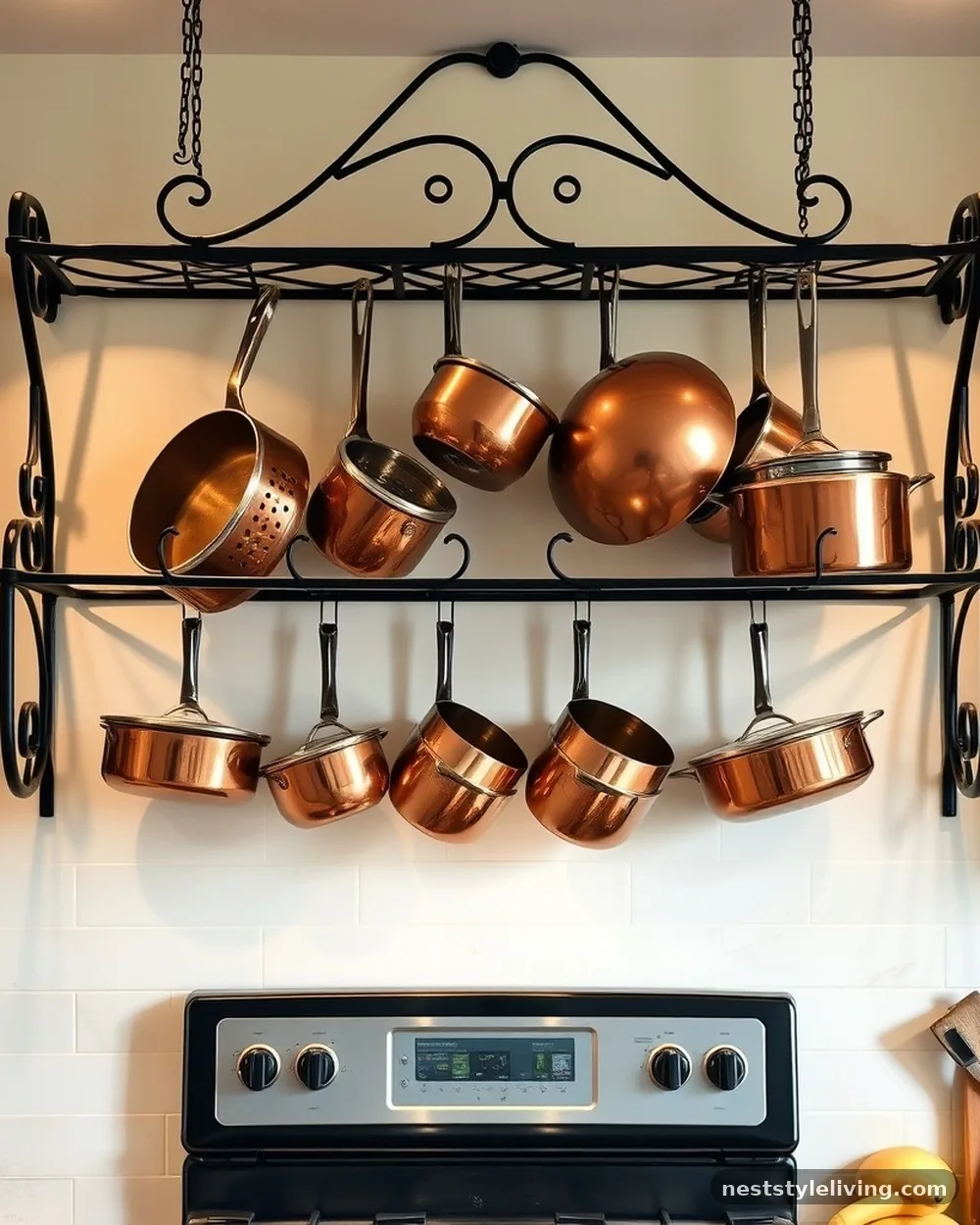 Wall-Mounted Pot Racks - 23 Farmhouse Cottage Kitchen Ideas for Timeless Charm