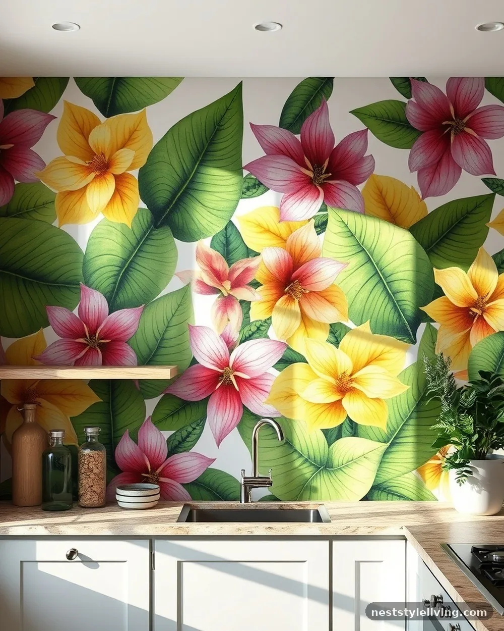 Botanical Wallpaper Accent Wall - 15 Colorful Kitchen Ideas That Make Your Space Pop