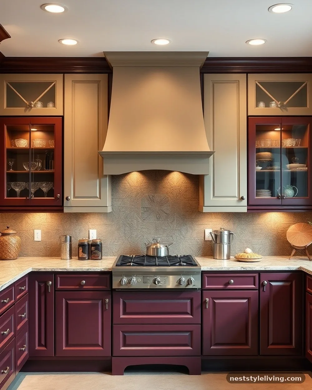 Burgundy and Greige - 22 Two Tone Kitchen Cabinet Ideas to Try at Home