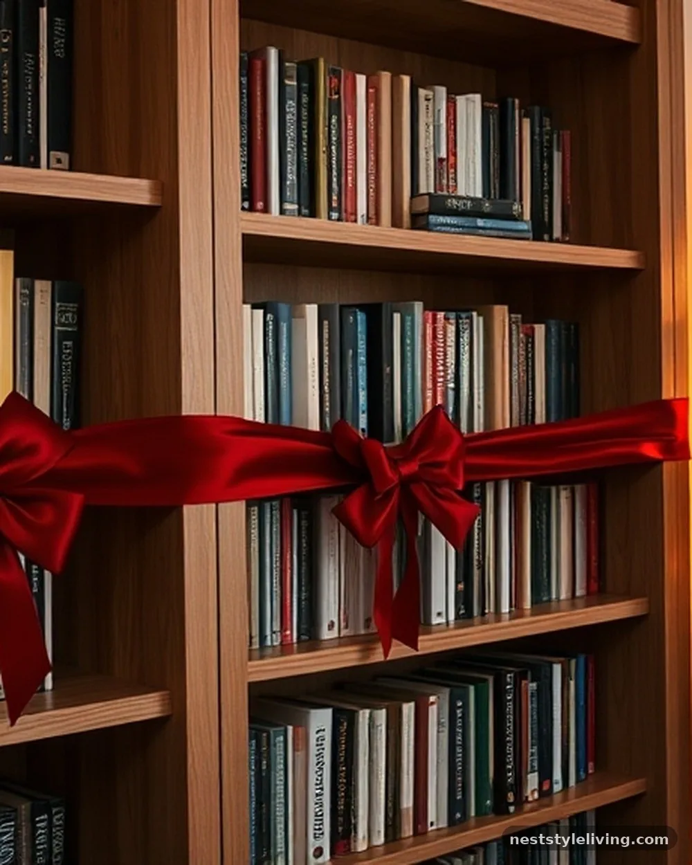 Ribbon-Wrapped Bookshelves - 20 Christmas Living Room Ideas for a Cozy Home