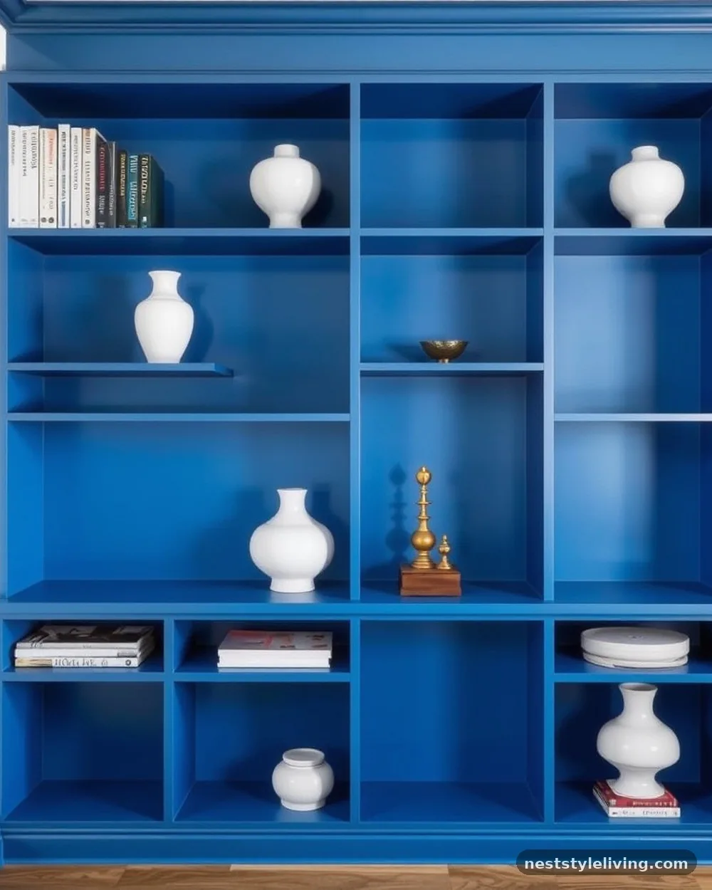 Royal Blue Lacquered Bookshelf Backing - 19 Blue Living Room Ideas That Make a Bold Statement